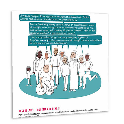 Page de livret représentant un groupe de personnes de couleurs de peau et d'âge différents, dont une personne en fauteuil roulant
