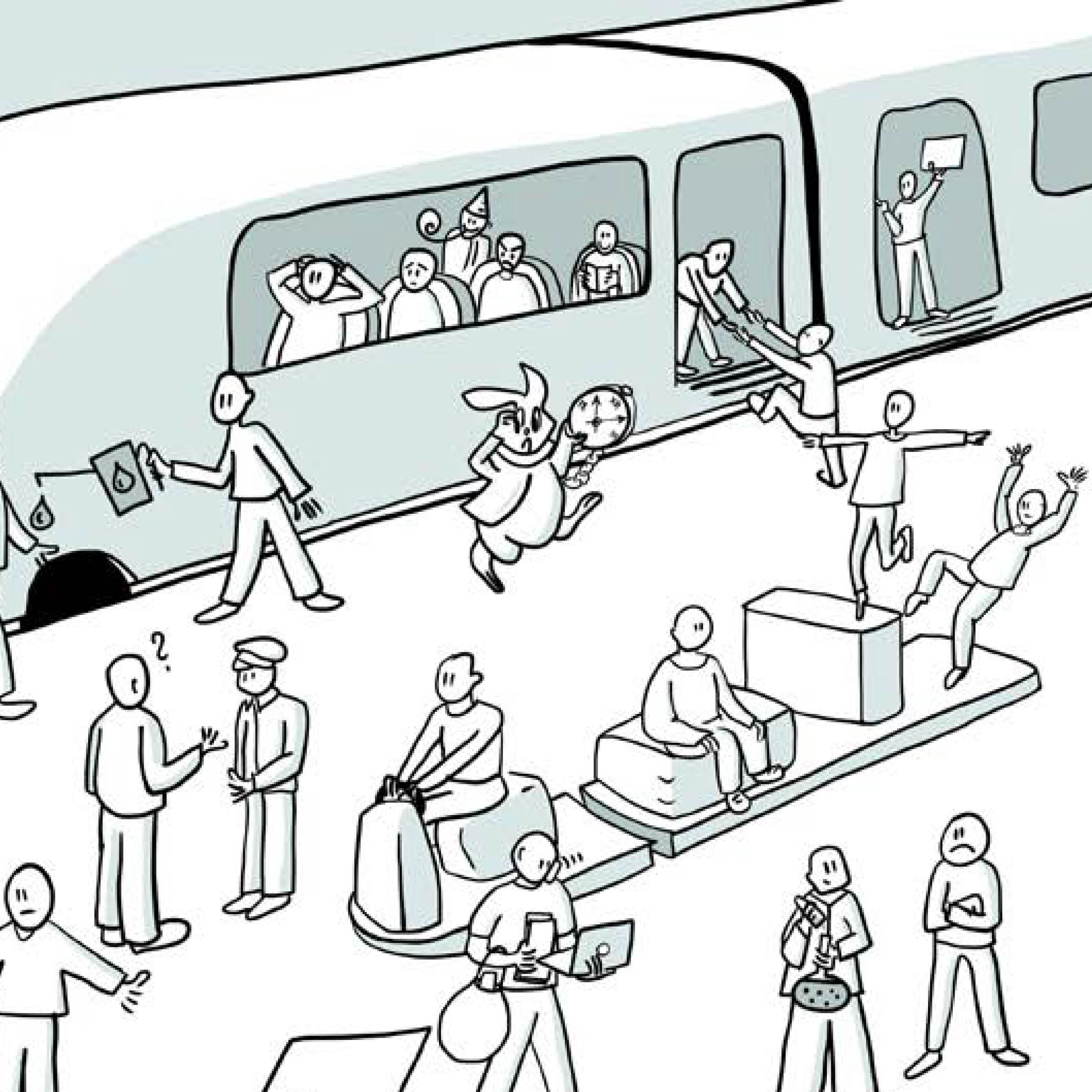 Zoom sur un dessin de train avec des personnages autour