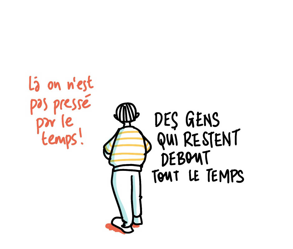 Dessin d'une gare avec une quinzaine de personnages dans des états émotionnels différents (ensemble, perdus...)